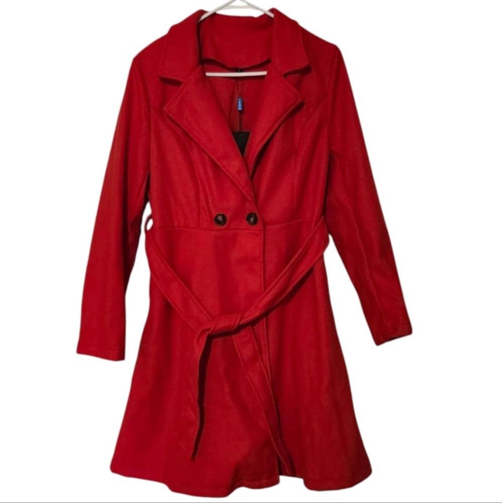 RVHSWDS Womens Double Breated Red Coat With Belt Size Large NWT